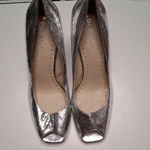 BCBGeneration Metallic Silver Snakeskin Heels